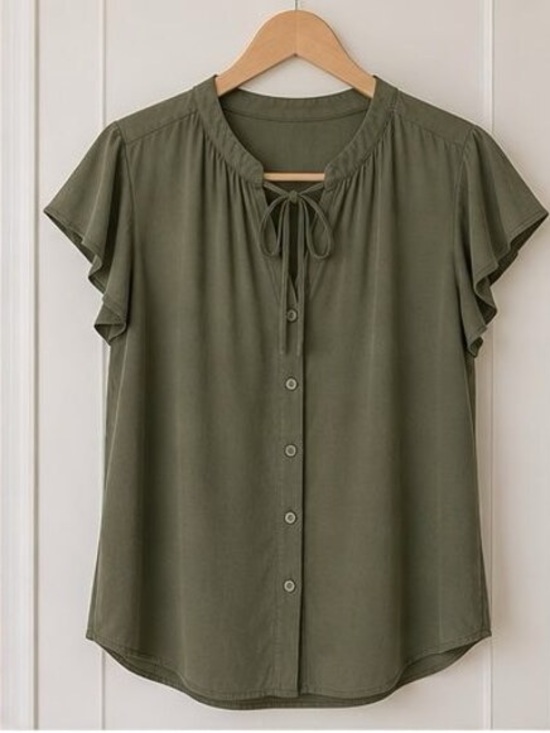 Tops - Olive Tie-Neck Button Front Blouse - Women's Top